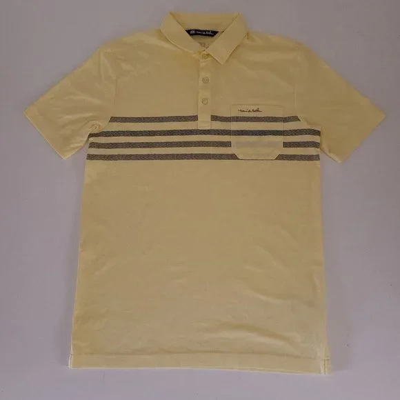 Travis Mathew Mens Shirt Yellow Striped Pocket Polo - Picture 2 of 6